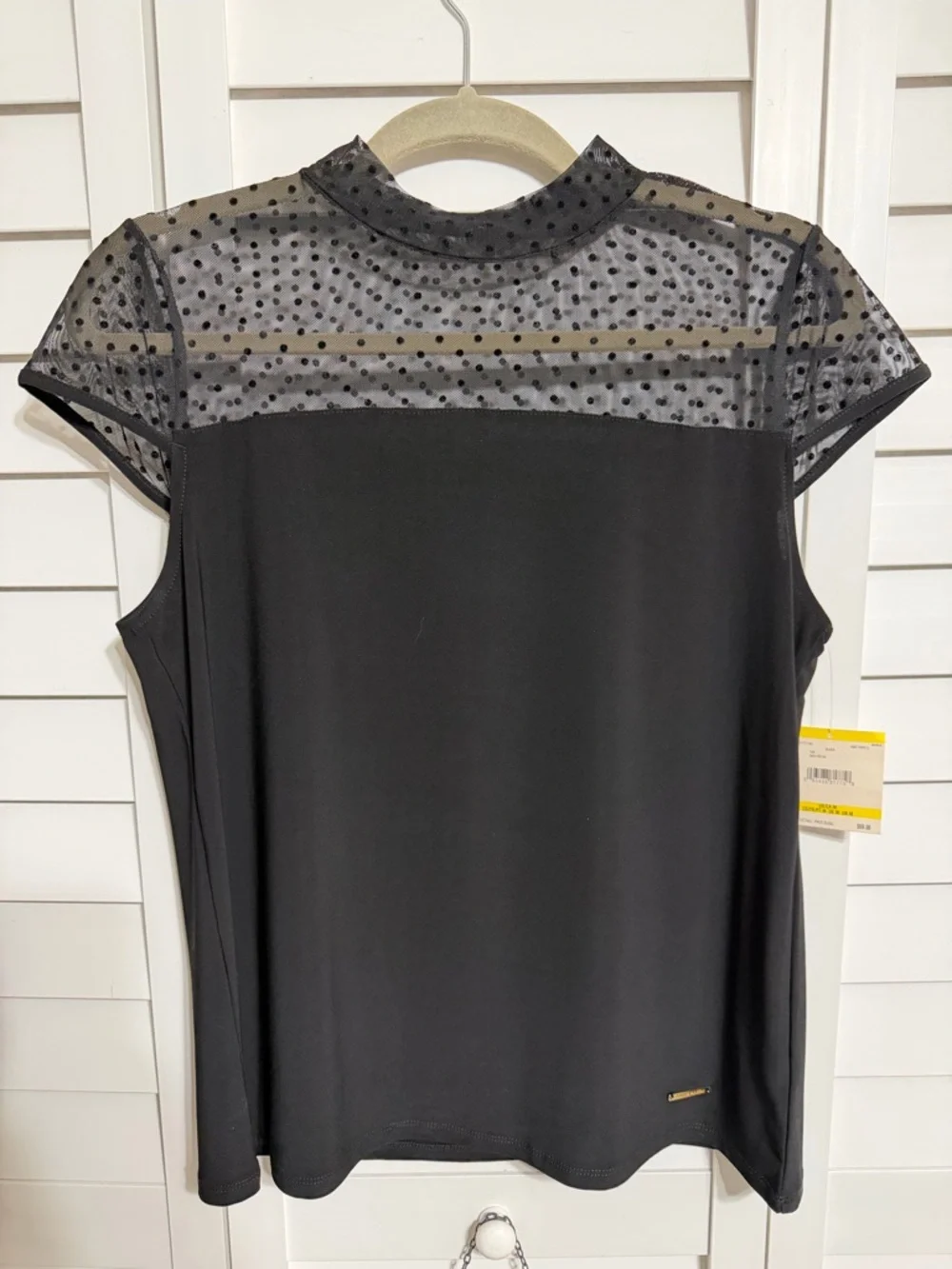 Anne Klein Black Dot Mesh Yoke Cap Sleeve Blouse - Picture 2 of 5